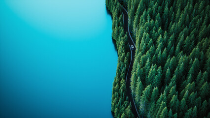 Aerial view of car driving through the forest and the lake. Fir forest by the lake. Beautiful forest road. Turquoise lake on the shore of the forest. 3d illustration