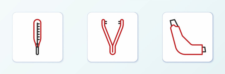 Set line Inhaler, Medical thermometer and tweezers icon. Vector