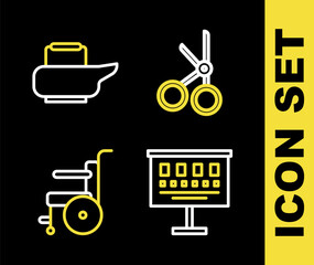 Set line Medical scissors, Eye test chart, Wheelchair for disabled person and Bedpan icon. Vector