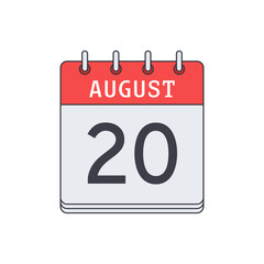 August 20. Calendar icon. Vector illustration, flat design..