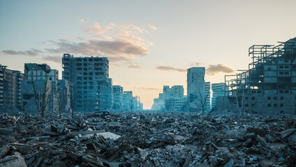 Flight over a bombed out city. Camera moving along the ruined city. The concept of the end of the war. Ruined city in Ukraine. 3d illustration