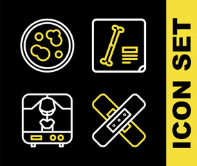 Set line X-ray shots, Crossed bandage plaster, machine and Petri dish with bacteria icon. Vector