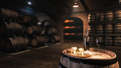 Wooden barrels with wine in the cellar. Red wine tasting in the wine vault. Glass of red wine on the warehouse. 3d illustration