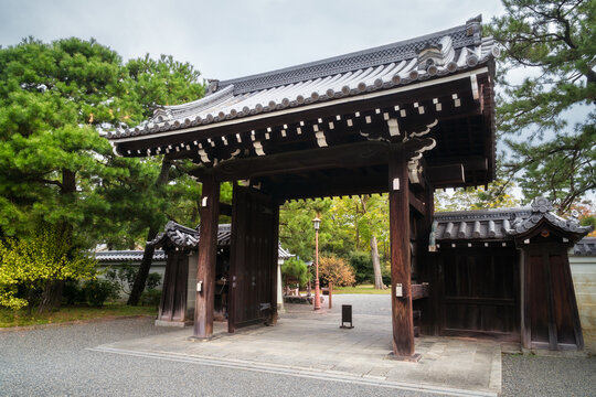 Gate to Imperial Palace area in Kyoto, Japan. Historic traditional Japanese architecture -landmark situated in Kyōto Gyoen park.