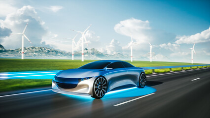 Wireless car charging while driving. Electric car driving on highway. 3d illustration