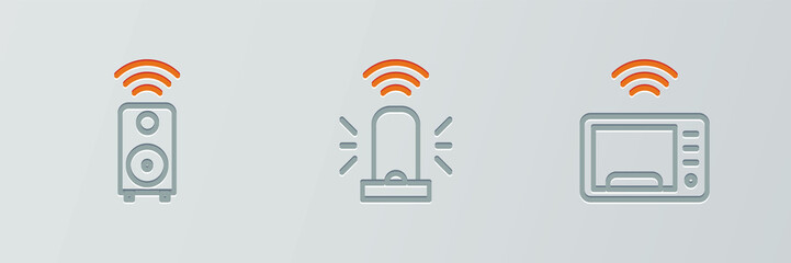 Set line Smart microwave oven, stereo speaker and flasher siren icon. Vector