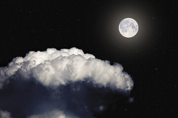 Obraz na płótnie Canvas Fantasy night landscape, glowing super moon surrounded by stars above cloud. Daydreaming image.