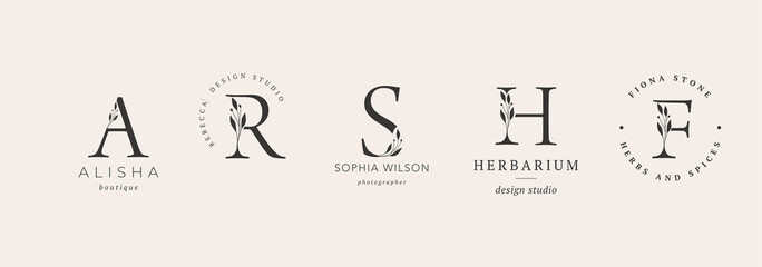 Collection of Botanical Minimalistic, Initial, Letter Feminine Logos with Organic Plant Elements