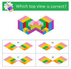A game for children. Task for development of attention and logic. Which top vıew is correct?  Vector illustration. Answer is C.