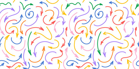 Seamless modern bright pattern of colorful arrows. Arrows in different directions background. Seamless pattern for fabric, notebook covers, wallpaper background