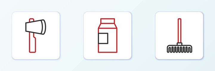 Set line Garden rake, Wooden axe and Paper package for milk icon. Vector