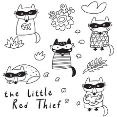 The Little Red Thief collection in outline. Vector illustration