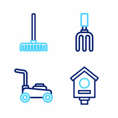 Set line Bird house, Lawn mower, Garden rake and icon. Vector