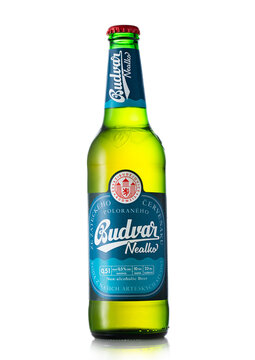 LONDON,UK - MAY 02, 2022: Alcohol free Budvar czech lager beer on white background.