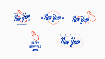 Set of 2023 New Year's signs for logo, greeting cards or invitation. Trendy label decorative set. Vector design elements with rabbit face.