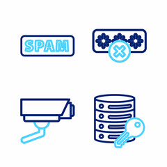 Set line Server security with key, Security camera, Password protection and Spam icon. Vector