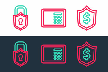 Set line Shield with dollar, Lock and Safe icon. Vector