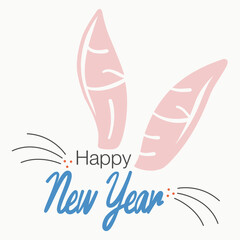 Set of trendy New Year design with typography. 2023 Happy New Year with cute bunny face greeting vector. Rabbit ears. Easter bunny