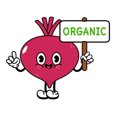 Cute funny beet with an inscription organic character. Vector hand drawn traditional cartoon vintage, retro, kawaii character illustration. Isolated white background. Beet character