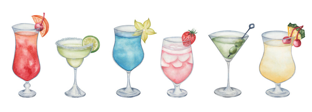 Watercolor illustration of hand painted red, yellow cocktails in glass with fruits, berries. Sex on the beach, margarita, blue lagoon, rum-runner, dry martini, pina colada. Alcohol beverage drinks