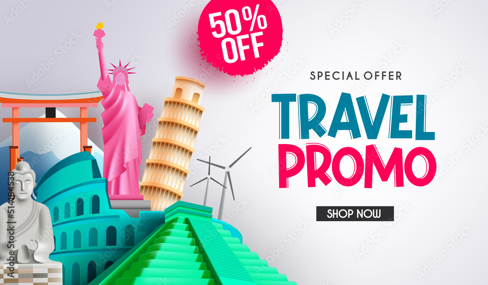 Wall mural travel promo vector banner design. travel promo text in special offer discount with tourist destinat