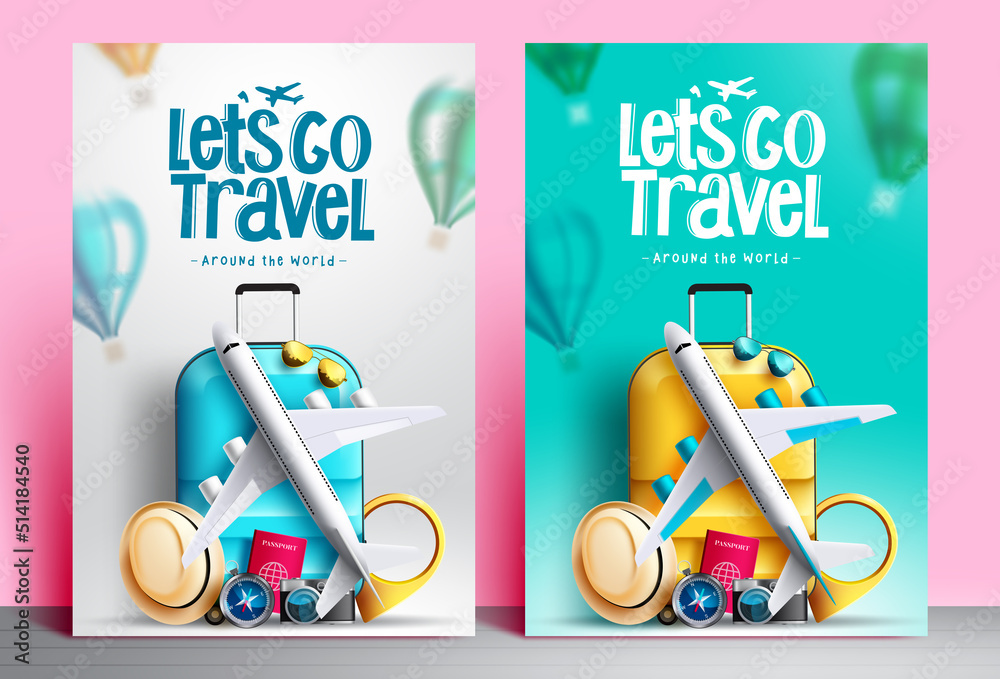 Canvas Prints travel around the world vector poster set. let's go travel text with 3d travelling elements of lugga