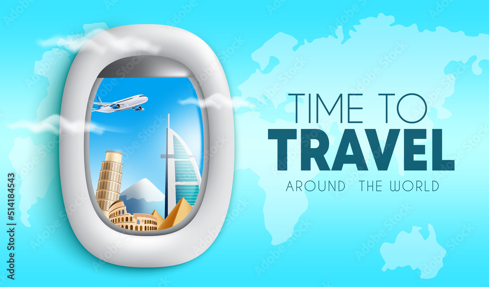 Wall mural travel time vector background design. time to travel text with 3d airplane window view of internatio