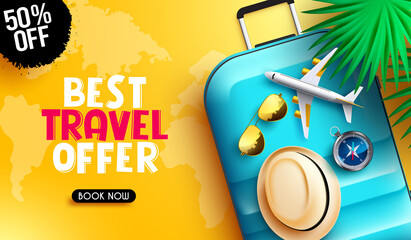 Travel promo vector banner design. Best travel offer text with booking discount offer in yellow map element for flight travelling price sale promotion. Vector illustration.
