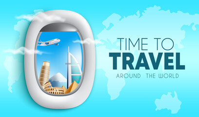 Travel time vector background design. Time to travel text with 3d airplane window view of international tourist destination for worldwide trip journey. Vector illustration.
 - obrazy, fototapety, plakaty