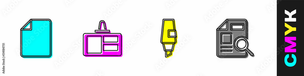 Poster set file document, identification badge, marker pen and document with graph chart icon. vector