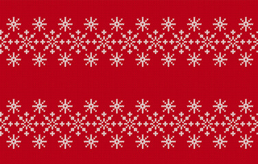 Christmas seamless pattern. Knit print. Red knitted pullover background. Xmas winter texture with snowflakes. Holiday fair isle traditional ornament. Wool sweater. Vector illustration.