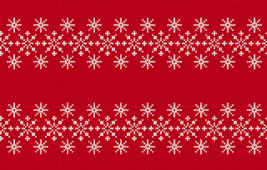 Christmas seamless pattern. Knit print. Red knitted pullover background. Xmas winter texture with snowflakes. Holiday fair isle traditional ornament. Wool sweater. Vector illustration.
