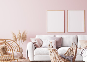 Boho style living room with white comfortable sofa and wooden furniture in pink interior background, poster frame mock up in bright home design, 3d render