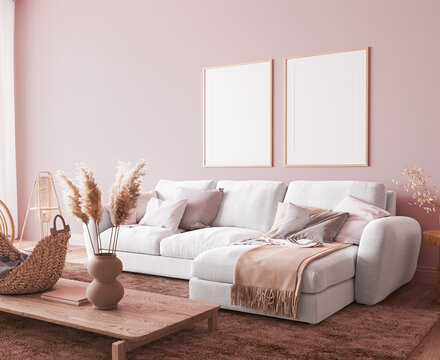 Boho style living room with dried plants and wooden furniture in pink background, Frame mock up in bright home interior, 3d render