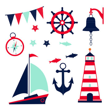 Marine icons. Anchor, fish, lighthouse, flags, ship, bell, compass. Vector illustration
