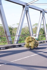 bicycle on the road or iron bridge or jembatan konstruksi besi di kali Luk Ulo, Kebumen, Jawa Tengah, Indonesia - obrazy, fototapety, plakaty