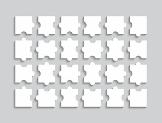 Puzzle pieces grid. Jigsaw template with 24 separate shapes. Thinking mosaic game on background. Puzzle layout with 4x6 details. Laser cut frame. Vector illustration. Paper leisure toy.