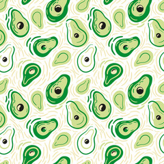 Colorful green avocado with yellow brush stripes on a white background. Hand drawn Seamless vector pattern in doodle style. Food illustration for kitchen design, fabric, textile
