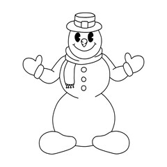 Monochrome picture, Cartoon funny snowman in a hat and scarf on a white background. Vector