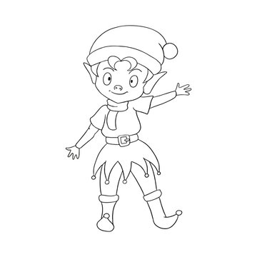 Monochrome picture, Cute little elf, Santa,s helper, waving, greeting, Vector