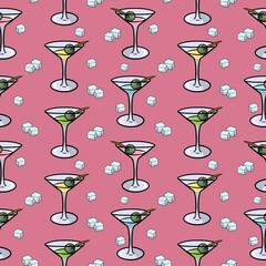 Delicate print, Glass Martini Glasses with green olive, Seamless square Pattern