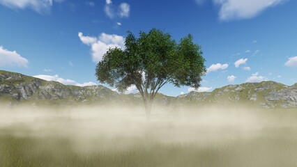 tree in the mountains in the fog blue sky 3d render