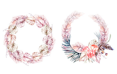 Watercolor summer invitations wreaths with hand painted tropical dried palm leaves, branches of violet leaves. Romantic floral bouquet perfect for wedding greeting cards, invitation and more. High