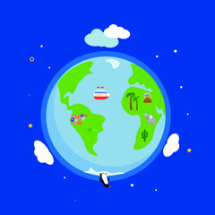 Planet Earth with clouds, a penguin in Antarctica, a ship in the Atlantic Ocean, an elephant and palm trees in Africa