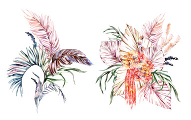 Obraz premium Watercolor summer invitations bouquets with hand painted tropical pink flowers, branches of violet, brownleaves. Romantic floral bouquet perfect for wedding greeting cards, invitation and more. High