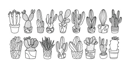 Collection of cactus illustrations in vector. Line drawing of plants in pots. Depiction of houseplants. Line art. - 514188137