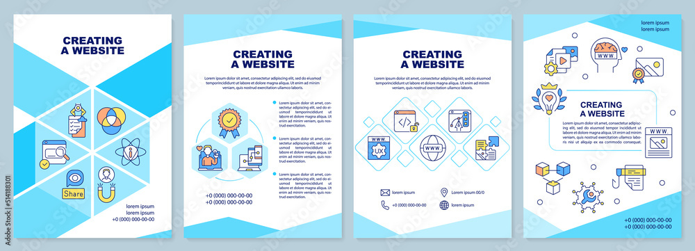 Wall mural creating website cyan brochure template. construction. leaflet design with linear icons. editable 4 