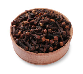 Aromatic dry cloves in wooden bowl isolated on white