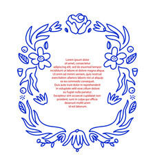 Obraz premium Minimalist floral frame with plant elements in blue color. Beautiful template with flowers and leaves. Perfect for wedding invitations, magazine articles, cards, posters.
