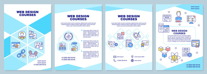 Web design courses cyan brochure template. Programming skill. Leaflet design with linear icons. Editable 4 vector layouts for presentation, annual reports. Arial-Black, Myriad Pro-Regular fonts used